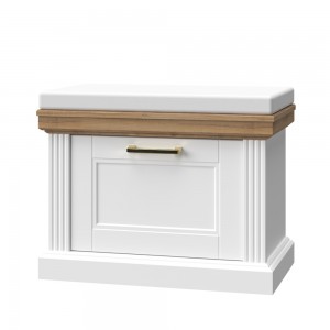 Banca din pal si MDF, tapitata cu stofa, cu 1 usa, Tara K1 Alb Mat / Nuc Pacific, l65xA38xH51 cm