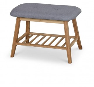 Banca tapitata cu stofa si picioare din bambus, cu suport pantofi, Stasis-14 Natural / Gri, l60xA30xH44 cm