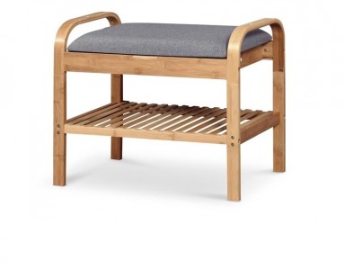 Banca tapitata cu stofa si picioare din bambus, cu suport pantofi, Stasis-12 Natural / Gri, l60xA33xH50 cm
