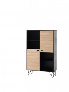 Biblioteca din lemn de pin si mesteacan cu 2 usi, pentru copii si tineret William Natural / Negru, l100xA40xH160 cm