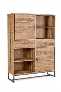 Biblioteca din lemn de salcam si metal, cu 2 sertare si 2 usi Elmer Natural, l118xA40xH165 cm