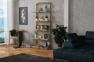 Biblioteca din lemn de stejar si metal, Wison Natural / Auriu, l80xA30xH180 cm