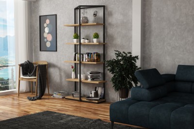 Biblioteca din lemn de stejar si metal, Wison Natural / Negru, l80xA30xH180 cm