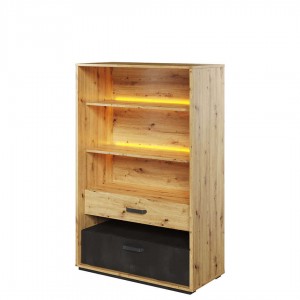 Biblioteca din pal, cu 2 sertare si LED inclus, pentru copii si tineret, Qubic 06 Stejar Artisan / Negru, l90xA42xH138 cm