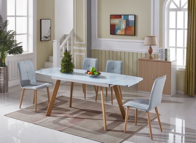 Set masa extensibila din sticla si metal Sorana White + 4 scaune Freia Blue, L140-200xl80xH76 cm