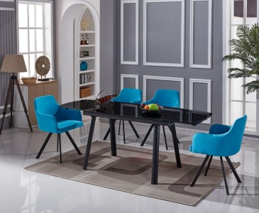 Set masa extensibila din sticla si metal Sorana Black + 4 scaune Javier Albastru, L140-200xl80xH76 cm