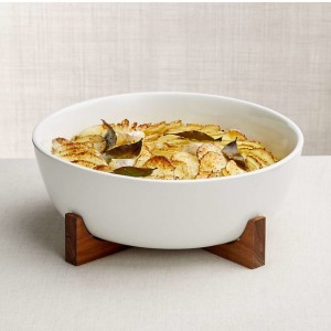 Bol servire din ceramica, cu suport din lemn de salcam, Earthy Alb / Natural, Ø25xH10,5 cm