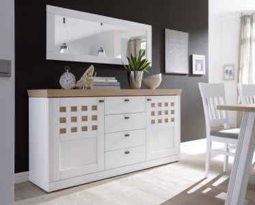 Comoda din furnir si MDF, cu 2 usi si 4 sertare, Bolero White / Oak, l169,9xA44,3xH85,9 cm