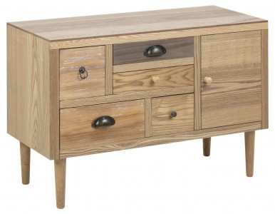 Cabinet din MDF si furnir, cu 5 sertare si 1 usa Thais Natural, l81xA34xH55 cm