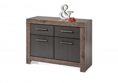 Cabinet din pal, cu 2 usi si 2 sertare Blake Stejar Negru / Stejar, l112xA45xH85 cm