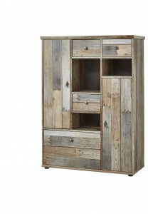 Cabinet din pal, cu 3 sertare si 3 usi Bazna Medium Natur / Gri inchis, l99xA39xH133 cm