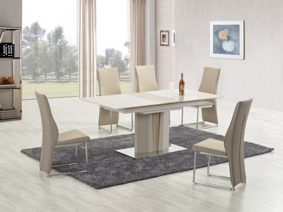 Set masa extensibila din MDF si metal Camaro Ivory / Sonoma Oak + 6 scaune Kai-213 Cappuccino, L150-180xl90xH76 cm