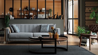 Canapea extensibila cu lada de depozitare, tapitata cu stofa, 3 locuri, Loft II Velvet Gri, l228xA88,5xH80 cm