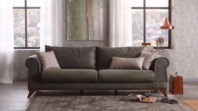 Canapea extensibila cu lada de depozitare, tapitata cu stofa, 3 locuri Raveno Verde Olive, l246xA100xH81 cm