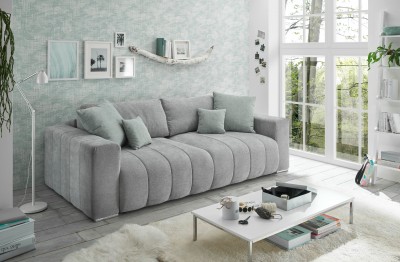 Canapea extensibila cu lada de depozitare, tapitata cu stofa, 3 locuri, Tris Gri deschis, l250xA115xH87 cm