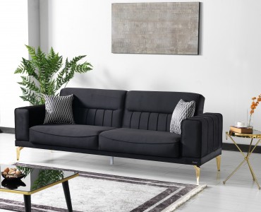 Canapea Nancy Velvet Negru Extensibila cu Spuma Poliuretanica, 3 Locuri, Suprafata de Dormit 190x105 cm, tapitata cu Stofa, Perne Incluse, l237xA88xH87 cm