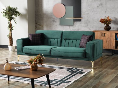 Canapea Nancy Velvet Verde Inchis Extensibila cu Spuma Poliuretanica, 3 Locuri, Suprafata de Dormit 190x105 cm, tapitata cu Stofa, Perne Incluse, l237xA88xH87 cm
