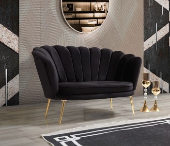 Canapea Fixa, 2 Locuri, tapitata cu stofa, Inci Velvet Negru, l140xA70xH80 cm