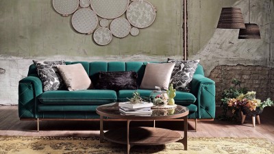 Canapea fixa tapitat cu stofa, 3 locuri Rosalina Verde, l228xA97xH78 cm