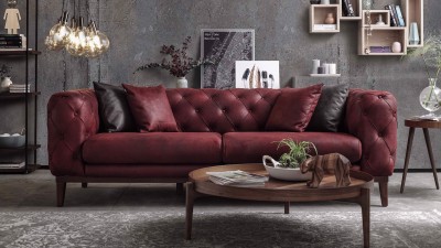 Canapea fixa tapitata cu stofa, 3 locuri Lounge Burgundy, l228xA98xH75 cm