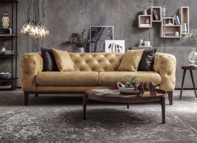 Canapea fixa tapitata cu stofa, 3 locuri Lounge Galben, l228xA98xH75 cm