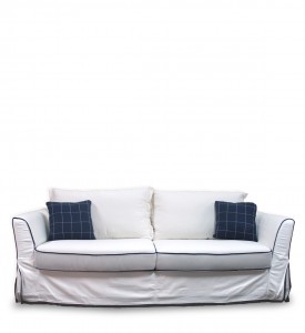 Canapea fixa tapitata cu stofa, 3 locuri, Wilder Alb / Bleumarin, l200xA95xH65 cm