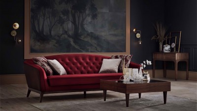 Canapea fixa tapitata cu stofa si piele ecologica, 3 locuri Daniela Burgundy, l236xA92xH82 cm