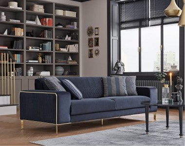 Canapea tapitata cu stofa, 3 locuri, cu functie sleep pentru 1 persoana Adel Bleumarin, l230xA97xH80 cm