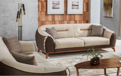 Canapea tapitata cu stofa, 3 locuri, cu functie sleep pentru 1 persoana Berlin Crem / Maro K1, l242xA106xH85 cm