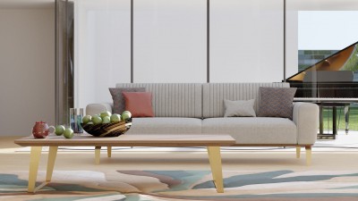 Canapea tapitata cu piele ecologica, 3 locuri, cu functie sleep pentru 1 persoana, Carbon Bej, l226xA98xH83 cm