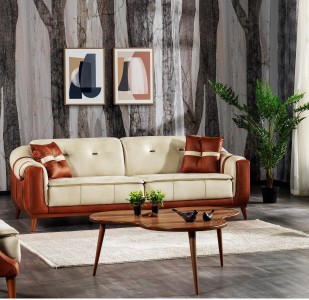 Canapea tapitata cu stofa, 3 locuri, cu functie sleep pentru 1 persoana Urla Crem / Maro K1, l227xA100xH80 cm