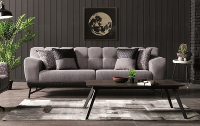 Canapea tapitata cu stofa si piele ecologica, 3 locuri, cu functie sleep pentru 1 persoana Miranda Gri K1, l230xA96xH82 cm