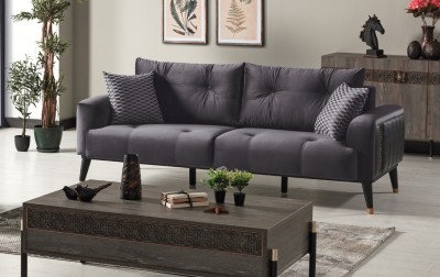 Canapea tapitata cu stofa si piele ecologica, 3 locuri, cu functie sleep pentru 1 persoana Wella Gri K1, l217xA98xH76 cm