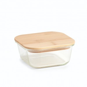 Caserola din sticla cu capac etans din bambus, Square Large Transparent, 800 ml, L15xl15xH6 cm