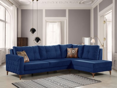 Coltar Cinar Velvet Bleumarin Extensibil, Sezlong pe Dreapta, tapitat cu Stofa, Perne Incluse, l288xA195xH75 cm