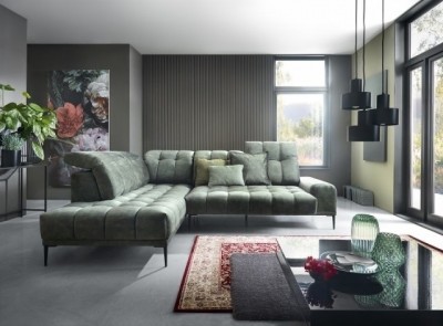 Coltar fix cu mecanism electric Relax, cu sezlong pe stanga, tapitat cu stofa, Grenada Verde inchis, l276xA226xH89 cm