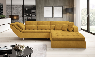 Coltar Fix, Sezlong pe Dreapta, Tapitat cu Stofa, Perne Incluse, Rollos Mustariu, l296xA213xH66-76 cm