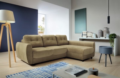 Coltar Hampton Bej Extensibil, Sezlong pe Dreapta, tapitat cu Stofa, cu Lada de Depozitare, Perne Incluse, l236xA167xH89 cm