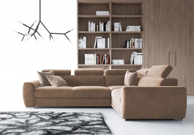 Coltar Moon Bej Extensibil, Sezlong pe Dreapta, tapitat cu Stofa, cu Lada de Depozitare, Tetiere Reglabile, l267xA194xH80-90 cm