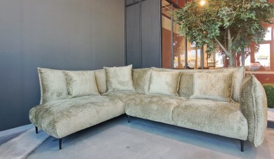 Coltar Tulisa Verde Olive Fix cu Arcuri Ondulate si Spuma Poliuretanica, Sezlong pe Stanga, tapitat cu Stofa, Perne Incluse, l298xA210xH93 cm