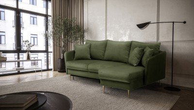 Coltar Volio Velvet Verde Olive Extensibil, Sezlong pe Dreapta, tapitat cu Stofa, cu Lada de Depozitare, Perne Incluse, l223xA145xH90 cm