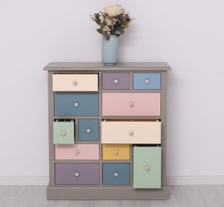 Comoda cu 13 sertare, din lemn brad, Pasy PS474 Gri P030 / Multicolor, l90xA35xH97 cm