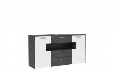 Comoda din pal, cu 3 sertare si 2 usi Forera Gri Inchis / Alb, l157,6xA41,4xH84 cm