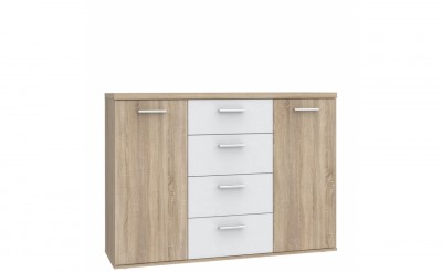 Comoda din pal cu 4 sertare si 2 usi Winer Stejar Sonoma / Alb, l129,6xA38xH93 cm
