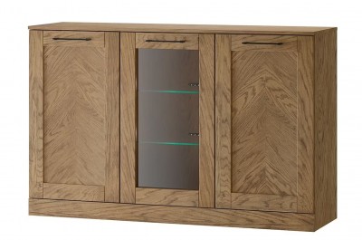 Comoda cu vitrina din pal, furnir si lemn, cu 3 usi si LED inclus, Cozy 45 Stejar Rustic, l140xA42xH90 cm