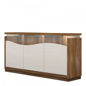 Comoda cu vitrina, din pal si MDF, cu 3 usi si LED inclus, Nica K3S Bej / Nuc Aida, l180xA40xH88 cm