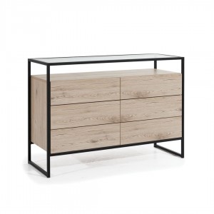 Comoda din pal cu 6 sertare, Glass Loft Natural / Negru, l120xA45xH84 cm