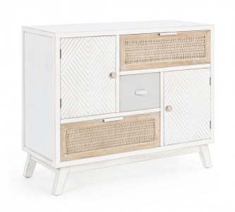 Comoda din lemn de brad, cu 3 sertare si 2 usi Clotilde Alb Antichizat / Natural, l90xA35xH75 cm