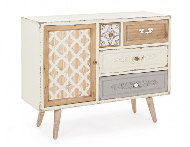 Comoda din lemn de brad si MDF, cu 4 sertare si 1 usa Aurelie Ivoir / Natural, l105xA35xH80 cm