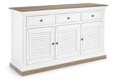 Comoda din lemn de mango, cu 3 sertare si 3 usi Lincoln Alb Antichizat / Natural, l150xA45xH90 cm